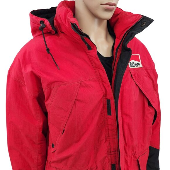 Marlboro Country Store Red Hooded Down Jacket M Nylon Duck Down - Picture 1 of 11